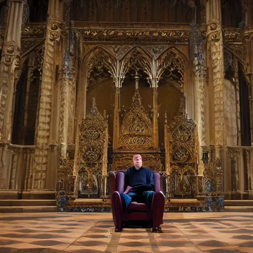 Image similar to man in large throne room of grand cathedral, sitting alone with sword, shadows, fantasy, wallpaper