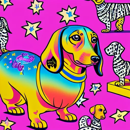 Prompt: lisa frank, mcbess illustration dachshund