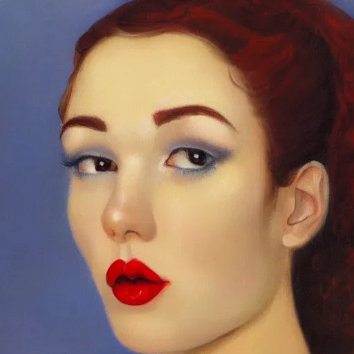 Prompt: A beautiful stunning portrait of a woman with thick red lips by Armstrong, Rolf Seed=1064516654