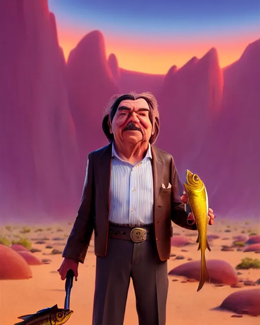 Prompt: disney pixar portrait 8 k photo of captain beefheart standing in the desert holding a fish : : by weta, greg rutkowski, wlop, ilya kuvshinov, rossdraws, artgerm, annie leibovitz, rave, unreal engine, alphonse mucha : :