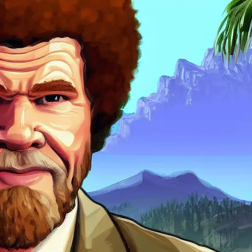 Image similar to Bob Ross as a character in GTA V, cell shaded loading screen art