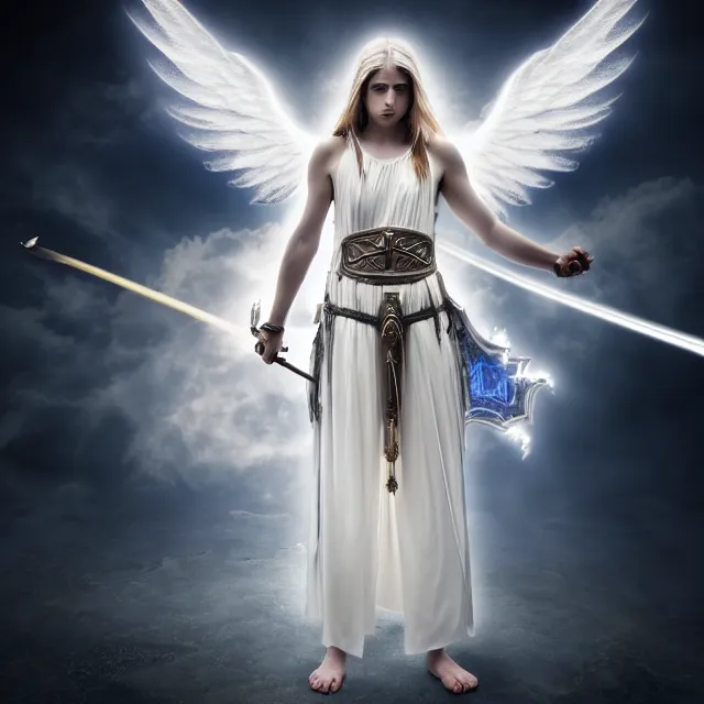 Image similar to photo of a beautiful angelic warrior with light powers, highly detailed, 4 k, hdr, smooth, sharp focus, high resolution, award - winning photo