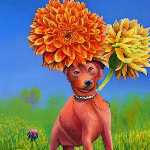 Prompt: a vibrant painting of an orange short nosed dog carrying giant blueberries in a field of dahlias