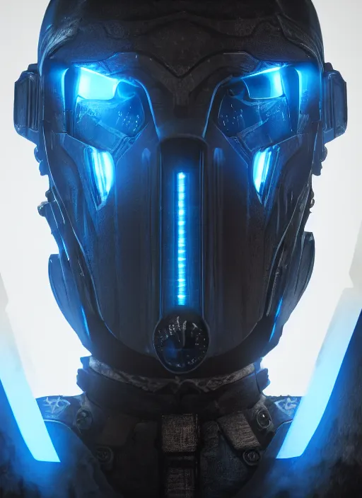 Prompt: concept art of futuristic soldier wearing an armoured facemask, with intricate carving details in black and glowing blue, ultra realistic, octane render, 8 k, hd, realistic lighting, moody, dramatic