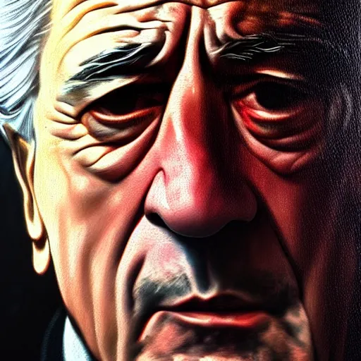 Prompt: realistic portrait of late seventies'robert de niro, trending on artstation, low angle oil painting and composition laws, cinematic lighting, hyperdetailed, cgsociety, 8 k