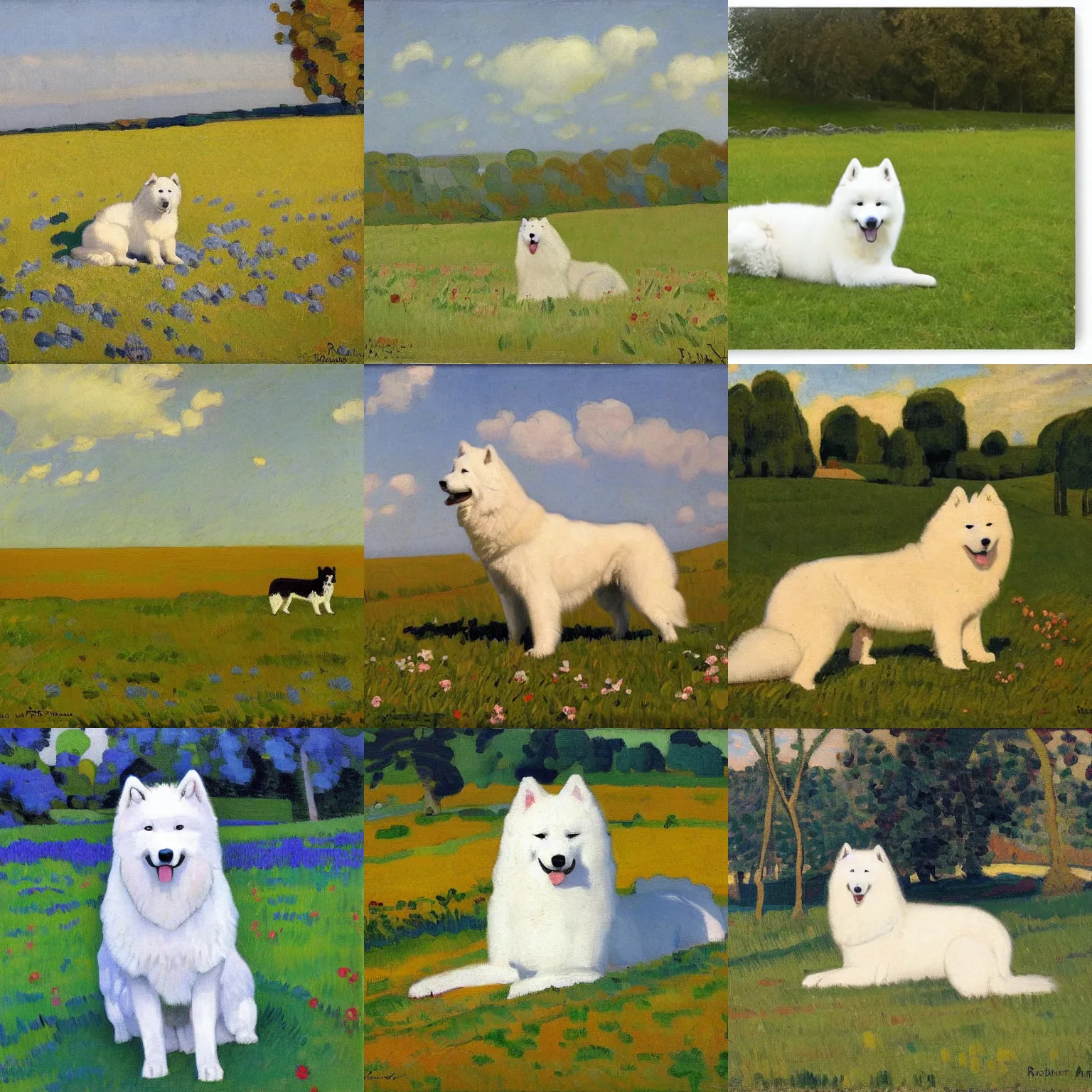 Prompt: a samoyed dog sitting in the middle of sunny meadow, by robert antoine pinchon