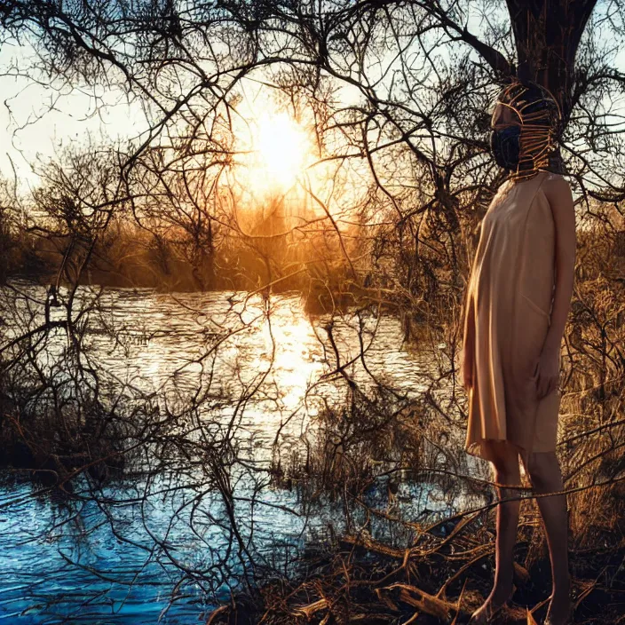 Image similar to a woman with a mask made of wires and bark standing next to a river, golden hour, vogue magazine
