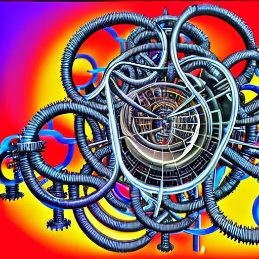 Prompt: a complicated time travel machine engine contraption with sprockets springs cranks cylinders hoses pistons, maze labyrinth morass entanglement puzzle, high detail, intricate abstract, detailed abstract, isometric, optical illusion, color pencil, bright colors, vivid colors, hyper detailed, high resolution, artstation, created by M.C. Escher