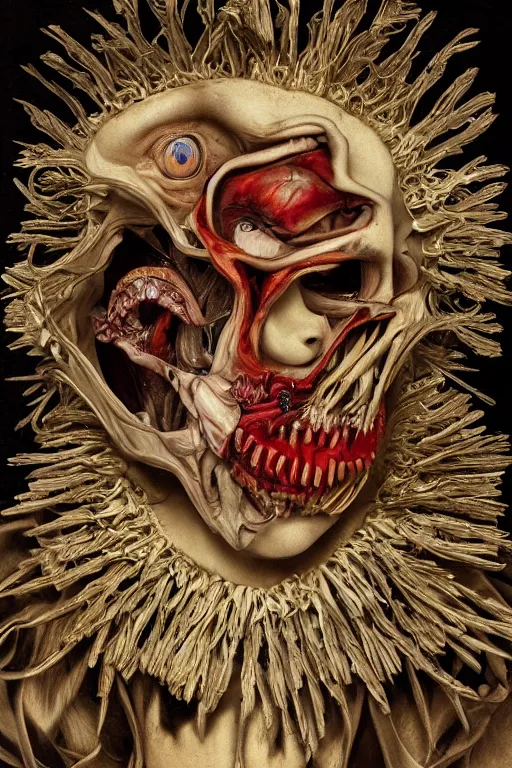 Image similar to Detailed maximalist portrait with large lips and with large white eyes, angry, exasperated expression, skeletal, HD mixed media, 3D collage, highly detailed and intricate, surreal illustration in the style of Caravaggio, dark art, baroque