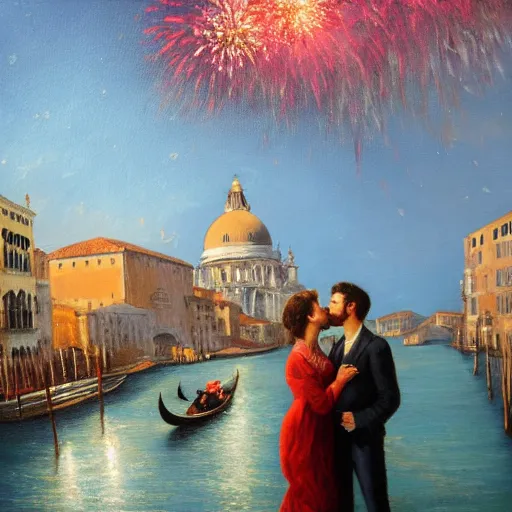 Image similar to an oil painting of couple kissing, in a background fireworks in venice