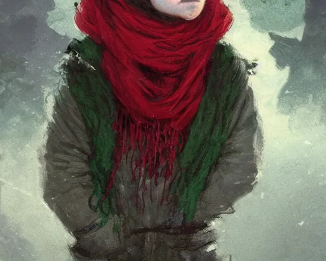 Image similar to a young boy with a red scarf, medium long brown hair, green eyes, is looking at a bird, ethereal, horror, fantasy art by greg rutkowski and magali villeneuve and claude monet black and white but the eyes are green and the scarf is red