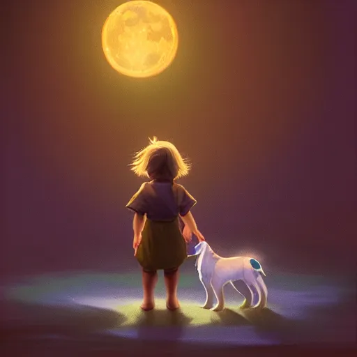 Prompt: At night, a little girl held dog and looked at the Moon,trending on artstation,50mm, by Noah Bradley