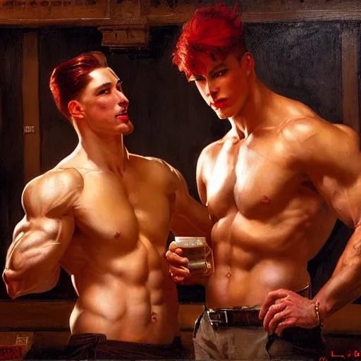 Image similar to attractive muscular male with red hair and muscular attractive male with black hair, drinking their hearts out, in a pub. very defined and highly detailed painting by j. c. leyendecker, gaston bussiere, craig mullins 8 k