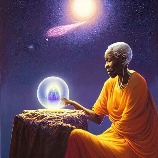 Prompt: an elder african psychic woman reading her crystal ball under a meteor shower, greg rutkowski and android jones and amanda sage, oil on canvas, 8k