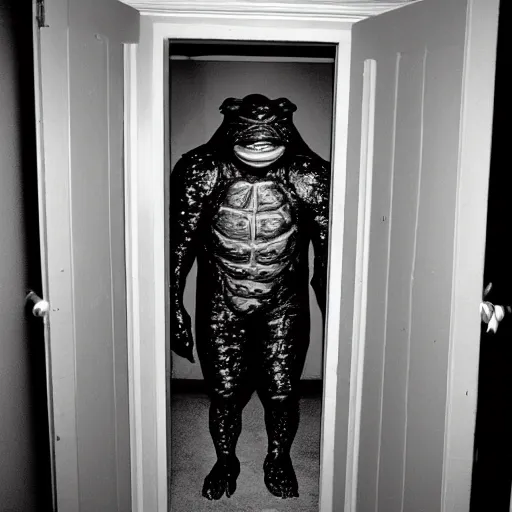 Image similar to grainy photo of a ninja turtle as a creepy monster in a closet, harsh flash