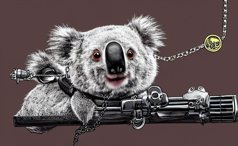 Prompt: “ cute koala with very big eyes, wearing a bandana and chain, holding a laser gun, standing on a desk, digital art, award winning ”