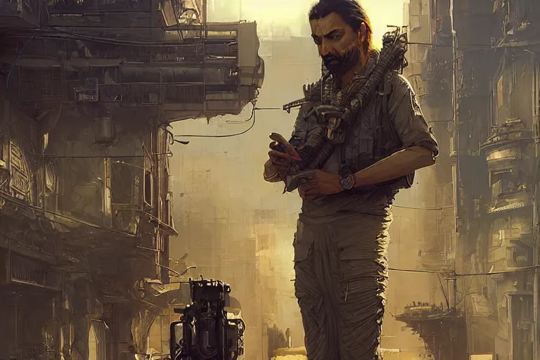 Image similar to A solarpunk very highly detailed terrorist with very highly detailed face on the street of a very highly detailed smooth solarpunk city digital concept art by Greg Rutkowski, neofuturistic highly detailed, digital concept art, Dimensional cyan gold natural light, sharp focus, Golden Ratio illustration, realistic concept art by Stephen Hickman and James Gurney and Hiromasa Ogura Ghost in the Shell rendered in Octane Render, From the distance