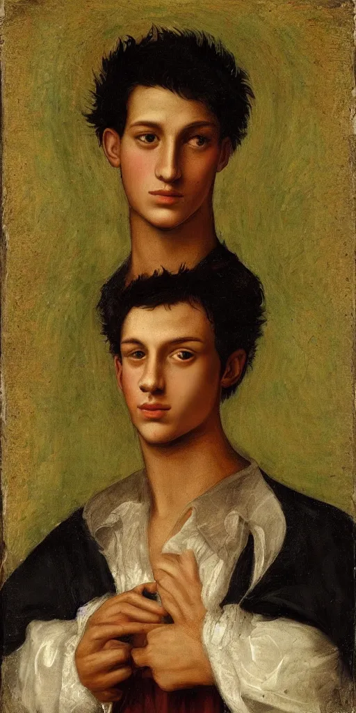 Prompt: a Spanish teenage boy with dark hair and green eyes, sharp jawline with a light beard, done in the style of a renaissance royal portrait