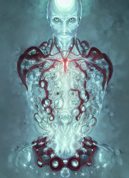 Image similar to cthonic resonance, red and white fractal glowing eyes, genetically augmented pale white young man with circular nodes sticking out from behind his neck, soft curly blonde hair, fantasy, extremely detailed, digital painting, artstation, concept art, smooth, sharp focus, illustration, stunning lighting, art by artgerm and greg rutkowski and alphonse mucha and simon stalenhag, realistic character concept, high fantasy, dark atmosphere, golden ratio, cinematic lighting, hyperdetailed, high resolution, insanely detailed and intricate, artstation, Marc Simonetti, Greg Rutkowski, 8k