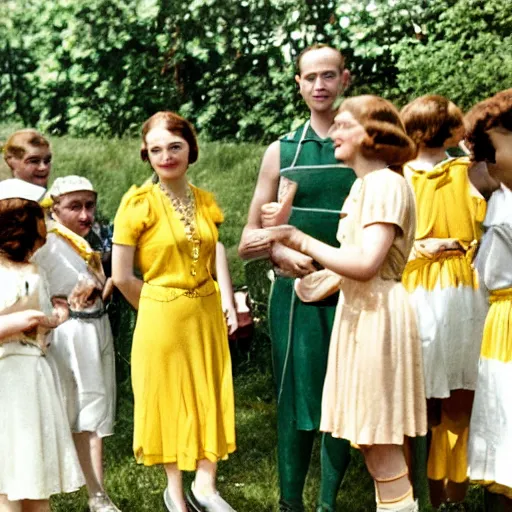 Image similar to an image of a queen with tan skin long rippling cinnamon hair and emerald colored eyes in a medium full shot, vintage historical fantasy 1 9 3 0 s kodachrome slide german and eastern european mix. the queen is pictured attending a barbecue for youth volunteers. she is dressed in a yellow dress paired with floral accessories.