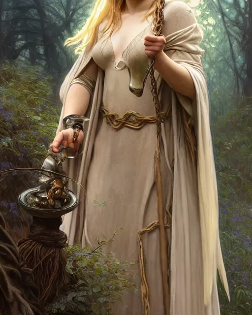 Prompt: young mage chloe grace moretz holing summoning an iron golem, blonde braided hair, forest, heavy cloak and chemise, intricate, elegant, highly detailed, digital painting, artstaion, smooth, sharp, focus, illustration, art by artgerm and greg rutkowski and alphonse mucha