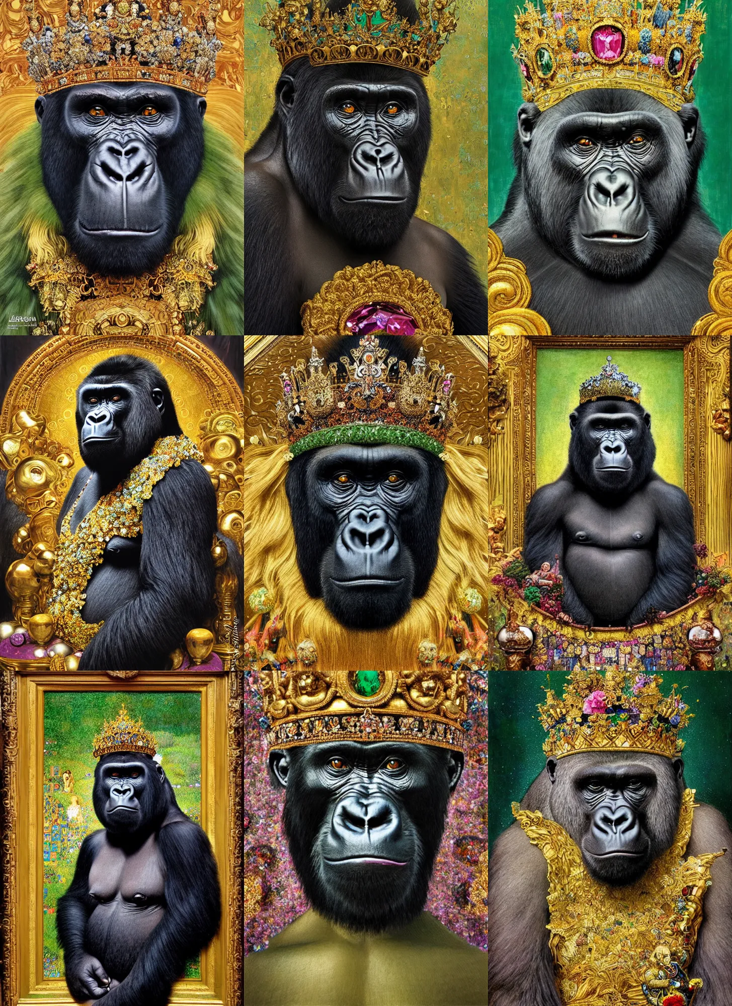 Prompt: “ an majestic portrait of a gorilla wearing a crown, on a throne of crystals, titian, sam spratt, maxfield parrish, gustav klimt, tom bagshaw, mark ryden, alphonse mucha, high detail, 8 k, intricate ornamental details, vibrant iridescent colors, green magenta and gold ”