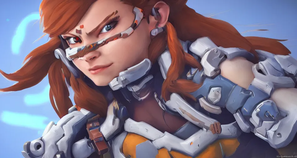 Image similar to overwatch, brigitte, horizon zero dawn, aloy, digital art