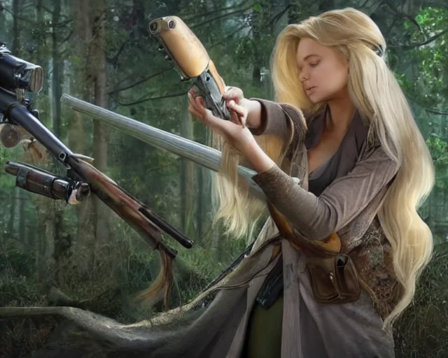 Image similar to disney princess with long blonde hair vs long barreled 9 0 sniper rifle : : weta disney pixar movie still photo : : hi - fructose, decadent highly - detailed digital painting, golden ratio, octane render, artstation, smooth, sharp focus, artgerm, mucha, loish, wlop