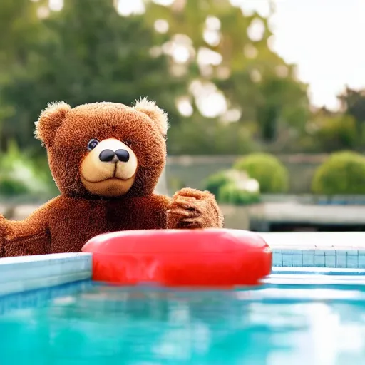 Prompt: teddy bear playing in pool