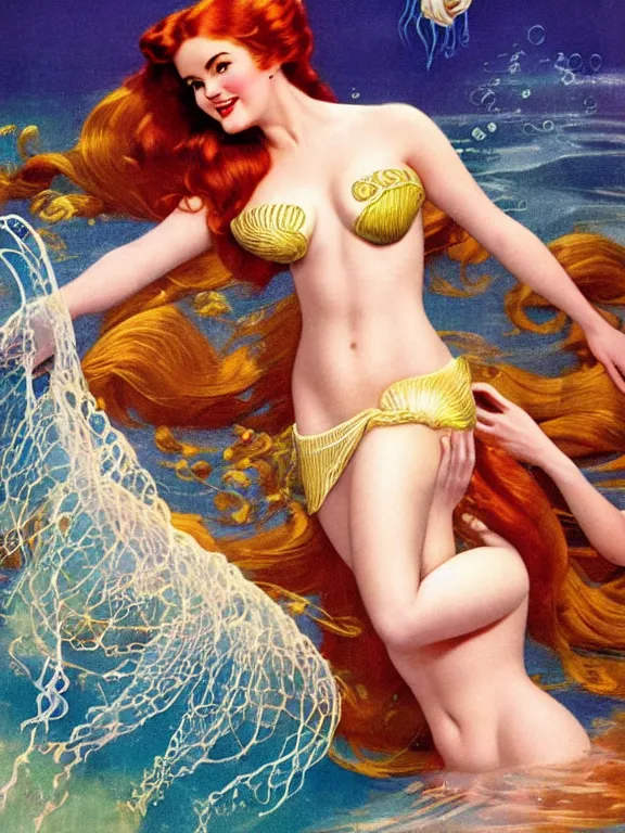 Image similar to isla fisher as the little mermaid long hair covers chest, a beautiful art nouveau portrait by Gil elvgren, beneath the ocean waves glowing jellyfish environment, centered composition, defined features, golden ratio, intricate seashell jewelry that glows