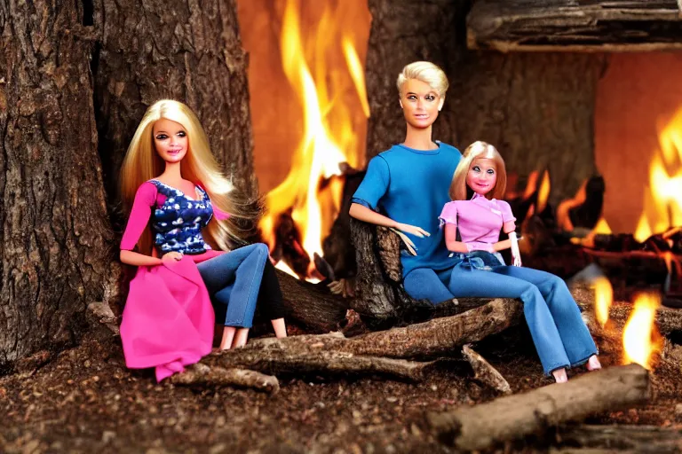 Image similar to Barbie and Ken sitting in the forest near the fireplace, Ken's face is melting, night, high-resolution photo,