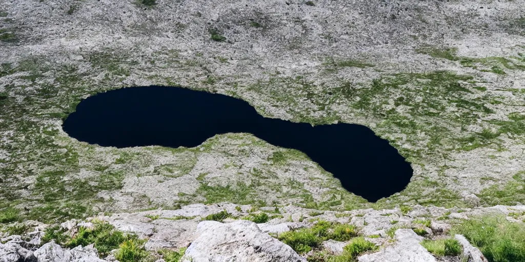 Prompt: lake with black water view from above