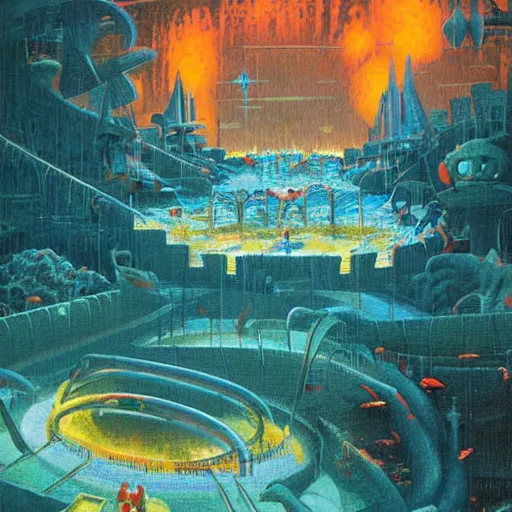 Image similar to a large water park in hell by paul lehr and moebius