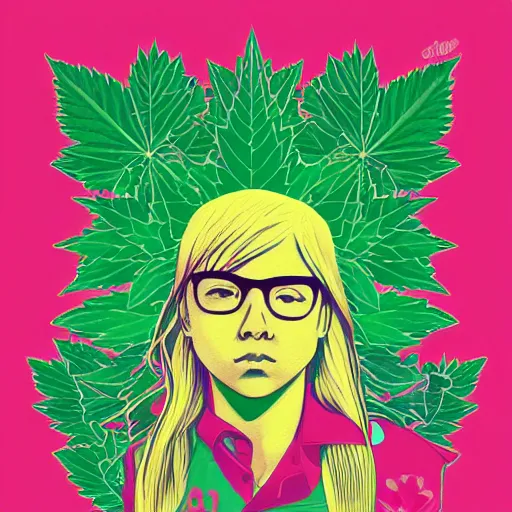 Prompt: Pop Marijuana profile picture by Sachin Teng, symetrical, Vector , Leaf Green, Green smoke, Impressive, Award Winning, Warm, Good Vibes, Positive, geometric shapes, energetic, intricate background, graffiti, street art:2 by Sachin Teng:4