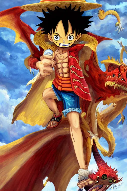 Image similar to anthropomorphic dragon as a luffy, oil on canvas, intricate, portrait, 8 k highly professionally detailed, hdr, cgsociety