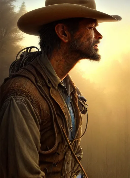 Image similar to closeup portrait shot of a cowboy in nature in a scenic dystopian environment, intricate, elegant, highly detailed, centered, digital painting, artstation, backlit, concept art, smooth, sharp focus, illustration, artgerm, tomasz alen kopera, peter mohrbacher, donato giancola, joseph christian leyendecker, wlop, boris vallejo