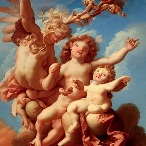 Image similar to cherubs with flaming hot cheetos for hair, extremely detailed, a baroque painting, rococo style