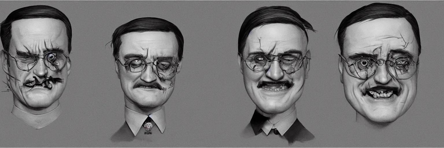 Prompt: character study of mike patton and hitler face, male, glasses, evil, laughing man, frantic laugh, character sheet, fine details, concept design, contrast, kim jung gi, greg rutkowski and francis bacon, trending on artstation, 8 k, full body and head, turnaround, front view, back view, ultra wide angle