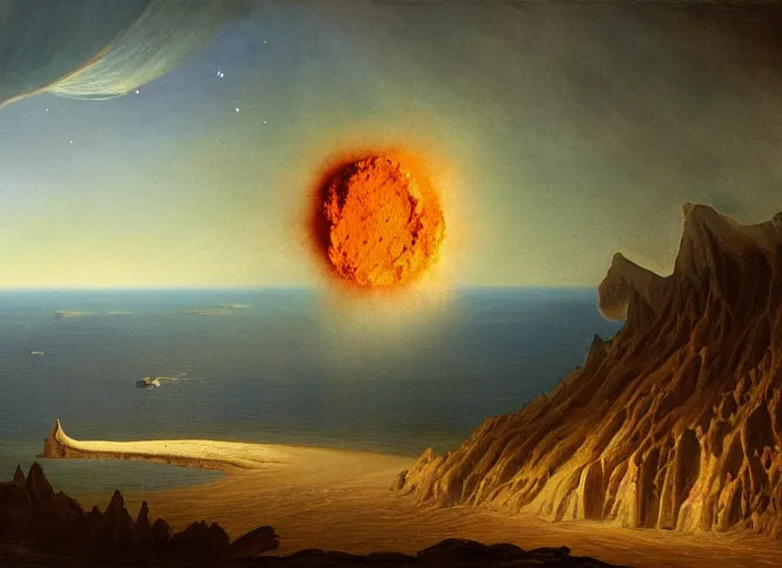 Image similar to earth during the cretaceous – paleogene extinction event, just as the asteroid is colliding with earth, the asteroid later forms the chicxulub crater, seen from space, in the style of hudson river school of art, oil on canvas