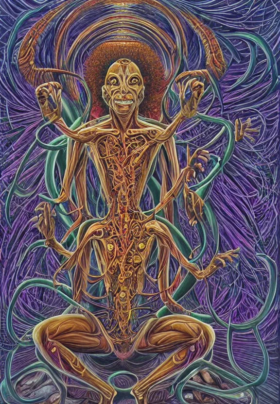 Prompt: drawing inspiration from sri lankan demonology, divine disease is an artistic representation of the malefic deity whose presence is responsible for the cause of epidemics and infectious diseases, concept art, biomechanical, realistic oil painting by alex grey