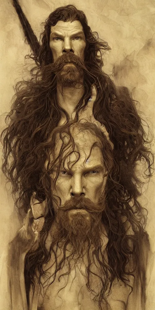Prompt: benedict cumberbatch with very long beard, and hair dirty, thief, evil, underworld boss, tattoos, crime, dungeons and dragons, fame of thrones masterpiece by edgar maxence and ross tran and michael whelan, gustav dore, 8 k, octane render