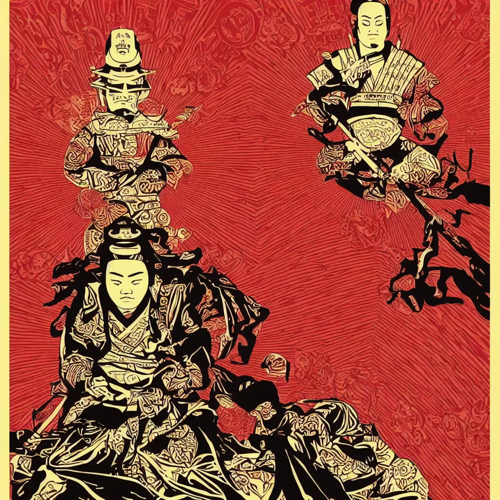 Prompt: poster of a beautiful meditating samurai by shepard fairey