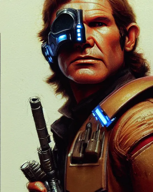 Image similar to character portrait closeup 4 0 years old han solo harrison ford cyberpunk starcraft terran warhammer 4 0 k space marine, confident, character design, painting by gaston bussiere, ralph mcquarrie, katsuya terada, frank frazetta, tom of finland, trending on artstation