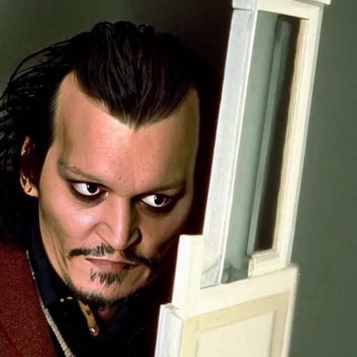 Image similar to Johnny Depp plays Jack Torrance in Shining, he is smashing through the door