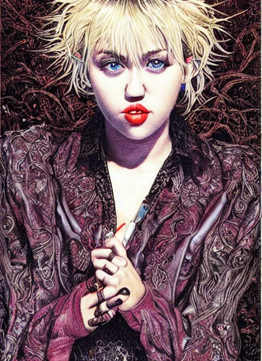 Image similar to realistic detailed painting of Miley Cyrus by yoshitaka amano and rebecca guay and Moebius, Neo-Gothic, Dark Fantasy, rich deep colors