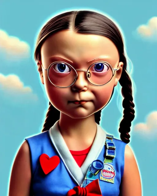 Image similar to closeup profile portrait of a tin toy greta thunberg as an anime schoolgirl, bikini, hyper realistic, artstation, illustration, nicoletta ceccoli, mark ryden, lostfish, max fleischer, digital paint, matte paint, vivid colors, bright, cheerful, detailed and intricate anime school environment