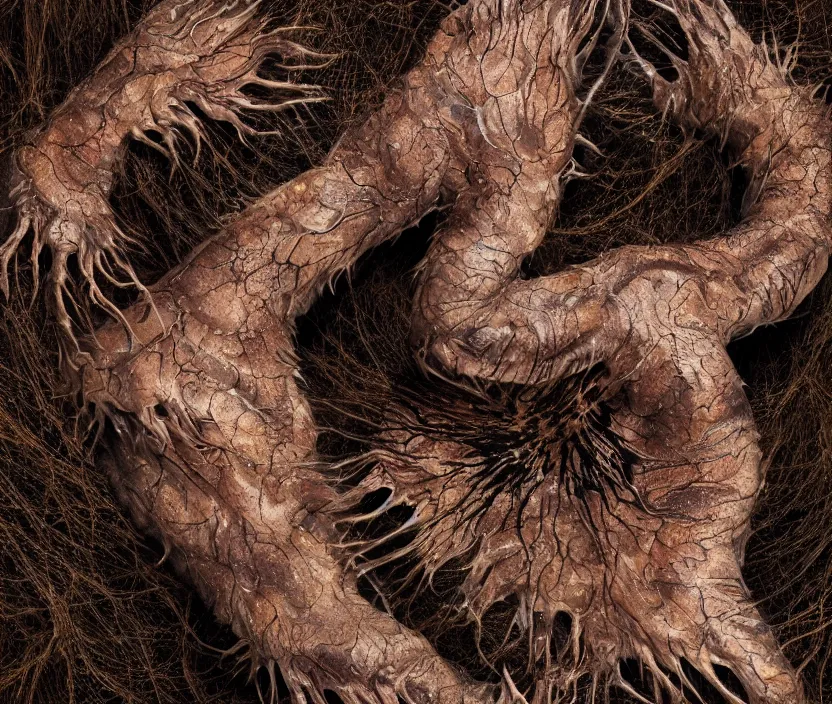 Prompt: a high resolution photo of a complex creature, grown together rare various animal eyes, hairless veins wrinkles morphing nature documentary, cracked plastic tattoo wrap, gills morph scales merged in fur skin, wrinkled muscles skin, veins merged feet head, burning forest, distorted animal head face eyes arms tail