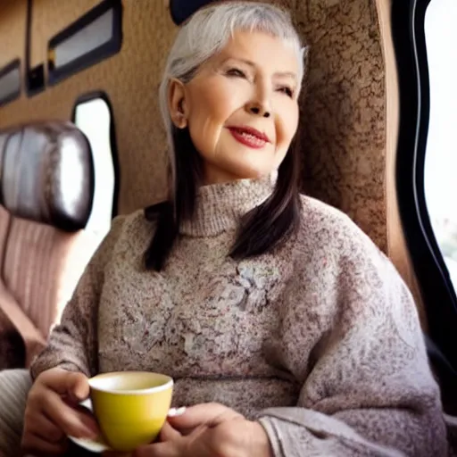 Prompt: beautiful woman 40 old year sit on coach and drink green tea