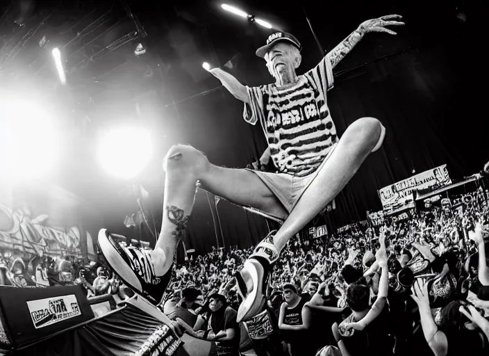 Image similar to photo still of don knotts at vans warped tour!!!!!!!! at age 5 5 years old 5 5 years of age!!!!!!! stage diving into a crowd, 8 k, 8 5 mm f 1. 8, studio lighting, rim light, right side key light