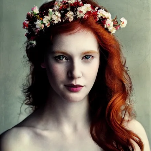 Image similar to !dream Fine art photo of the most beautiful woman, she is redhead, she is posing while maintain a sweet eye contact to the camera, she has a crown of flowers, she has perfect white teeths, the photo was taking by Annie Leibovitz, matte painting, oil painting, naturalism